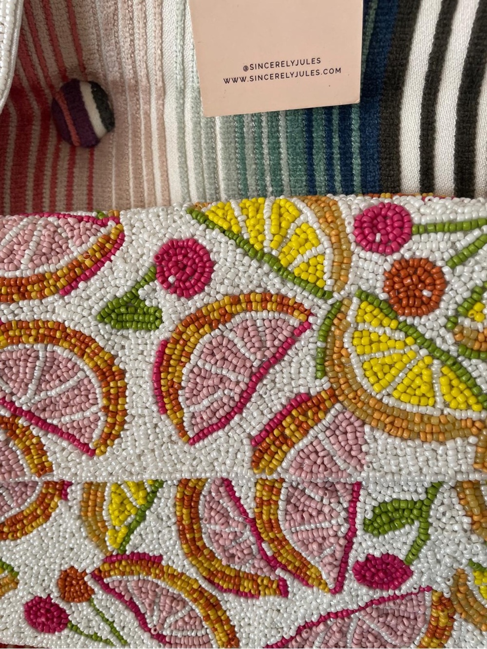 Beaded Citrus Print Shoulder Bag - White/Pink/Yellow - Picture 2 of 5